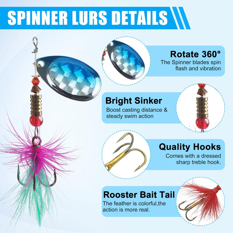 SILANON Rooster Bait Tail Spinner Fishing Lures Kit,30pcs Metal Spoon Lures with Feathered Treble Hooks for Bass Walleye Trout Freshwater Saltwater - Image 2